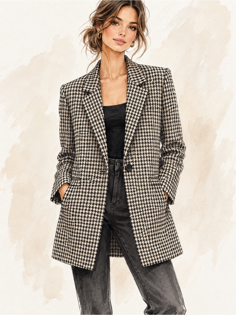 Sanctuary Houndstooth Tailored Coat Blazer Black Ivory Size Small